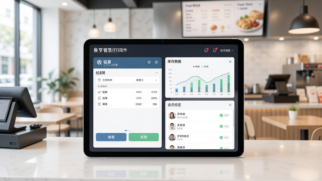 食亨智慧门店软件界面展示图,画面中央是平板电脑上运行的门店管理软件主界面,左侧显示收银结算模块,右侧展示库存数据图表和会员信息列表,背景是明亮的餐饮门店环境,整体布局清晰整洁,风格现代商务,细节丰富,画质高清,干净,无多余元素