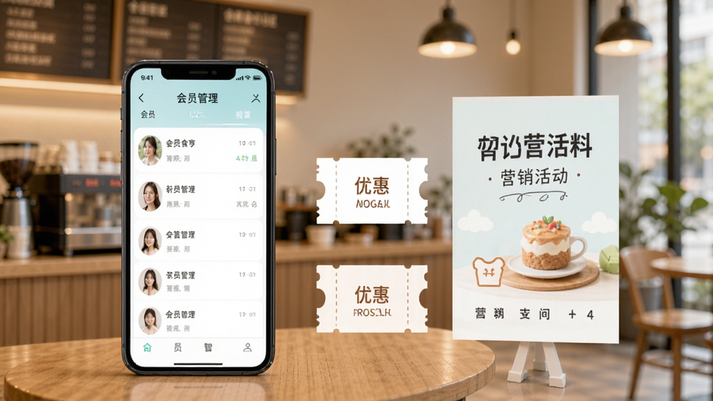 食亨智慧门店会员管理功能展示,画面中手机屏幕显示会员列表和积分变动记录,旁边有优惠券图标和营销活动海报,背景是温馨的咖啡厅环境,风格清新简约,画质高清,干净,无多余元素