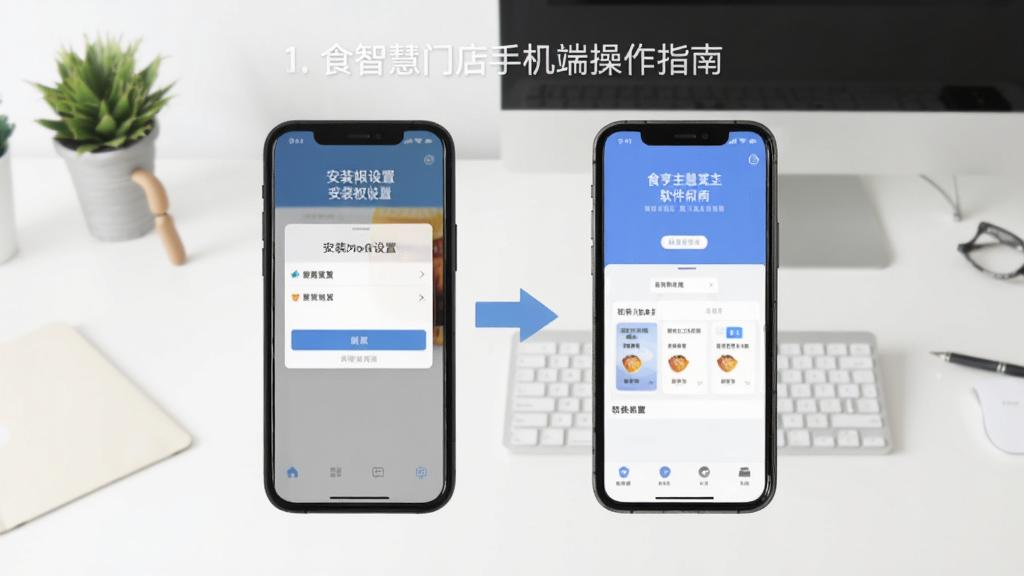 食亨智慧门店手机端操作指南示意图,画面展示手机屏幕显示安装权限设置界面和软件主界面,旁边有箭头指示操作步骤,背景是简洁的桌面环境,风格扁平化设计,画质清晰,干净,无多余元素
