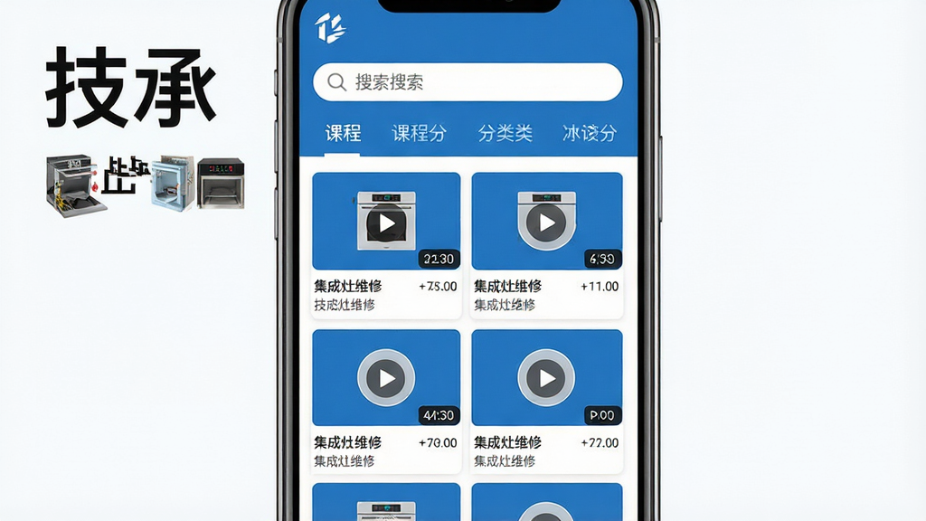 技承软件主界面展示,主体为一部智能手机竖屏显示集成灶维修视频教程列表,布局为顶部搜索栏与课程分类标签,下方是网格排列的视频缩略图,排版整齐清晰,风格为现代扁平化科技蓝配色,细节包括集成灶结构简图图标、播放按钮、课程时长标签,画质高清干净无多余元素,图片中文字“技承”与“集成灶维修”清晰可见