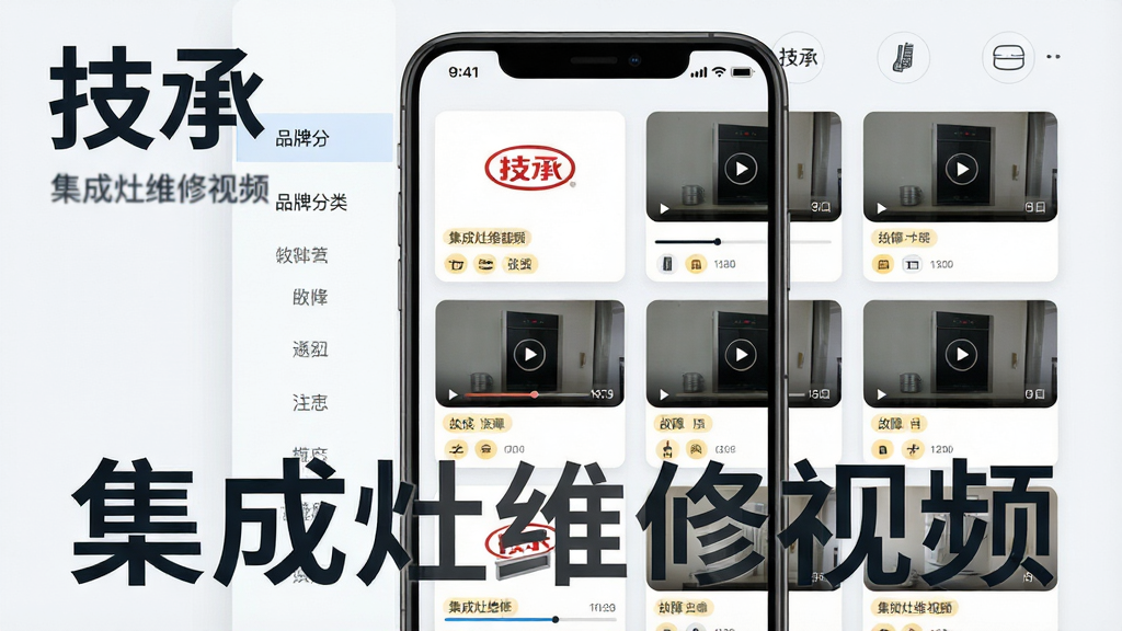 技承软件视频课程页面展示,主体为手机屏幕内呈现分类清晰的集成灶维修视频列表,布局为左侧品牌分类导航与右侧视频缩略图网格,排版采用卡片式设计,风格为清爽简约的浅色系,细节包括集成灶品牌logo图标、故障标签、播放进度条,画质高清干净无多余元素,图片中文字“技承”与“集成灶维修视频”醒目展示
