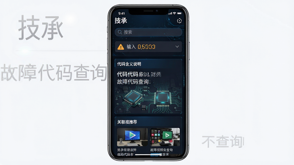 技承软件故障代码查询界面展示,主体为手机屏幕显示故障代码输入框与解析结果,布局为上方搜索框、中间代码含义说明、下方关联视频推荐,排版层次分明,风格为科技感深色主题,细节包括故障代码数字、警告图标、电路板简图,画质高清干净无多余元素,图片中文字“技承”与“故障代码查询”清晰可见