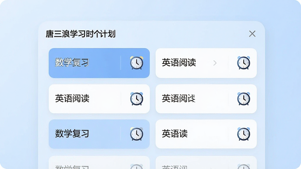一张展示唐三浪学习时钟个性化计划设置界面的图片,画面中是一个列表形式的计划管理页面,每个计划卡片上写着“数学复习”、“英语阅读”等字样,旁边有对应的时钟小图标,背景是柔和的浅蓝色渐变,排版整齐,风格现代,画质清晰,无多余元素
