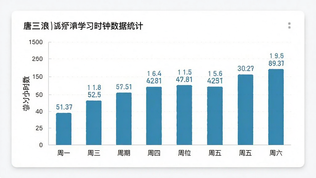 一张展示唐三浪学习时钟数据统计页面的图片,画面中是一个柱状图,横轴是星期一到星期日,纵轴是学习小时数,柱子上方有具体的数字标签,背景是白色卡片式布局,风格简洁商务,画质清晰,无多余元素