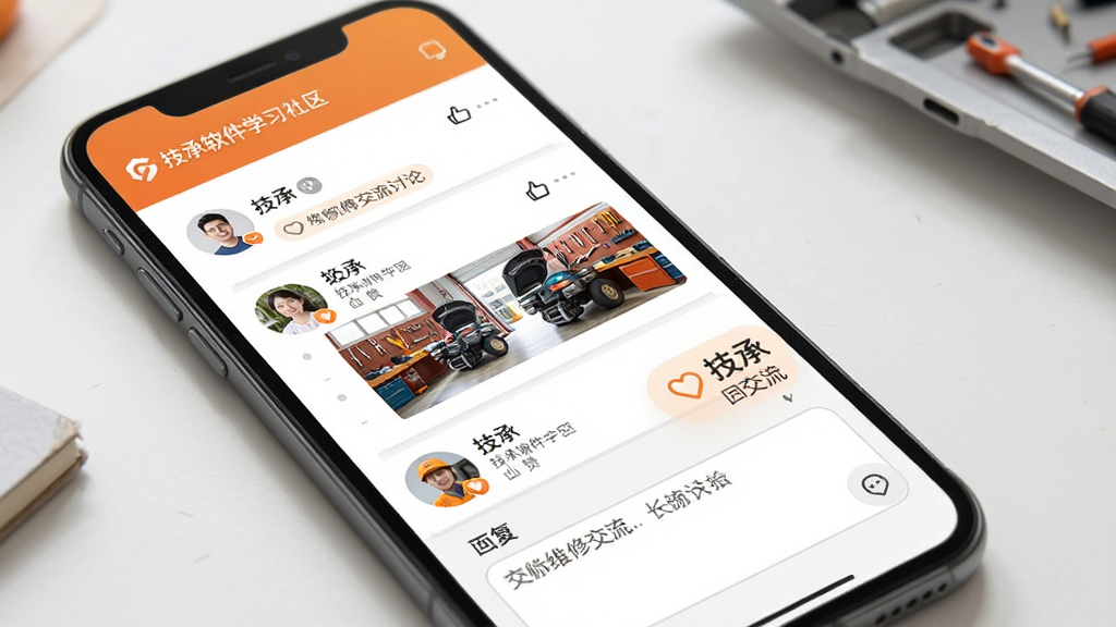 技承软件学习社区界面展示,主体为手机屏幕显示维修师傅交流讨论区,布局为帖子列表与回复框,排版简洁明了,风格为温暖橙色调,细节包括用户头像、点赞图标、维修现场小图,画质高清干净无多余元素,图片中文字“技承”与“维修交流”自然融入