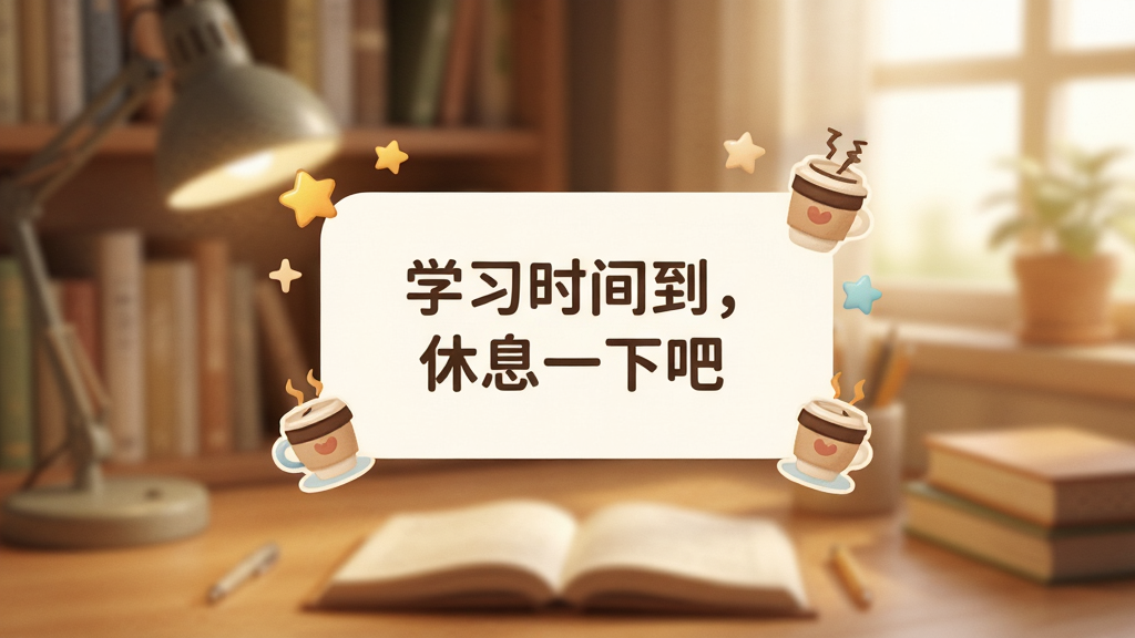 一张展示唐三浪学习时钟提醒弹窗的图片,画面中央是一个圆角矩形的弹窗,上面写着“学习时间到,休息一下吧”,弹窗周围有星星和咖啡杯的小图标装饰,背景是虚化的书房场景,风格温馨友好,画质柔和,无多余元素