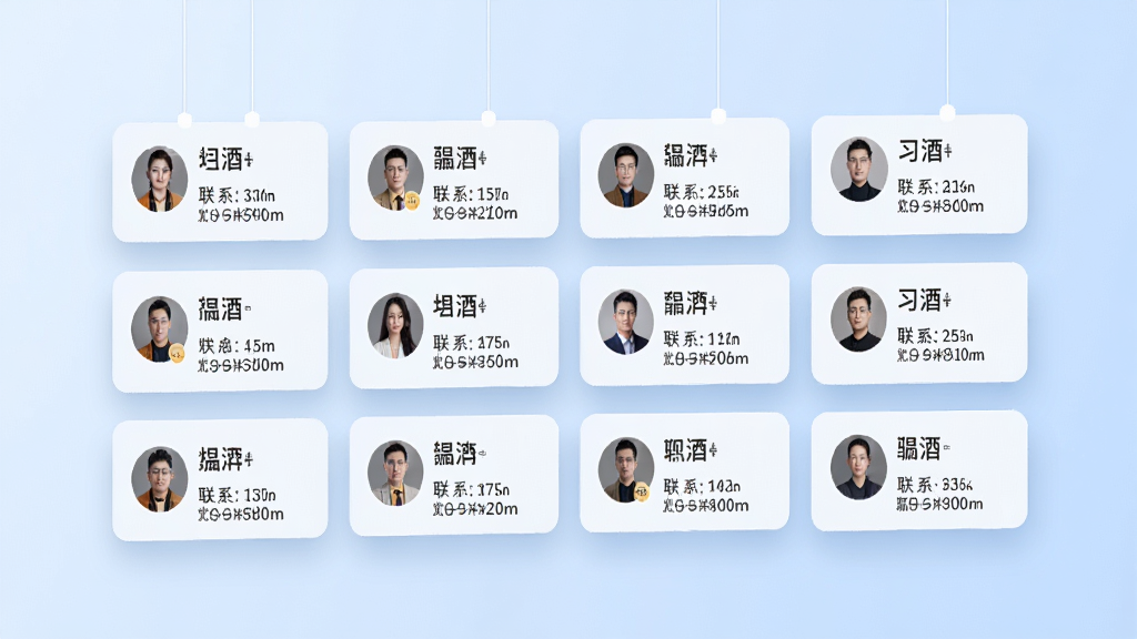 一幅表现习酒营销通客户管理功能的AI生图,画面主体是一个悬浮在空中的数字化客户信息卡片列表,每张卡片上显示客户头像、姓名、联系方式等简要信息,卡片以整齐的网格状排列,背景是柔和的浅蓝色渐变,风格简洁现代商务,细节上卡片带有轻微的阴影和圆角,画质高清干净,无多余元素