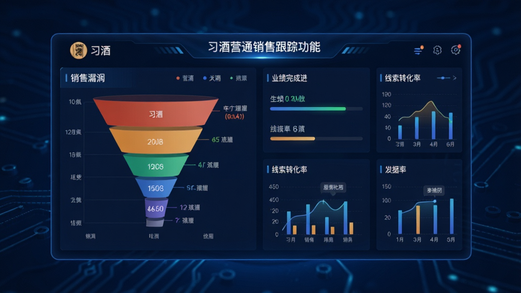 一幅展示习酒营销通销售跟踪功能的AI生图,画面中心是一个动态的数据看板,上面显示销售漏斗图、业绩完成进度条和线索转化率等图表,背景为深蓝色科技感风格,细节上图表线条流畅清晰,数据标签醒目,画质高清干净,无多余元素