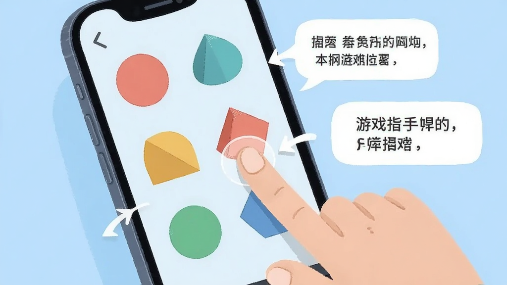 一幅展示手机游戏新手引导界面的插画,画面中有一只手正点击屏幕上的几何图形,旁边有箭头指示和文字气泡提示,背景为浅蓝色,整体风格清新友好,画质清晰,排版简洁