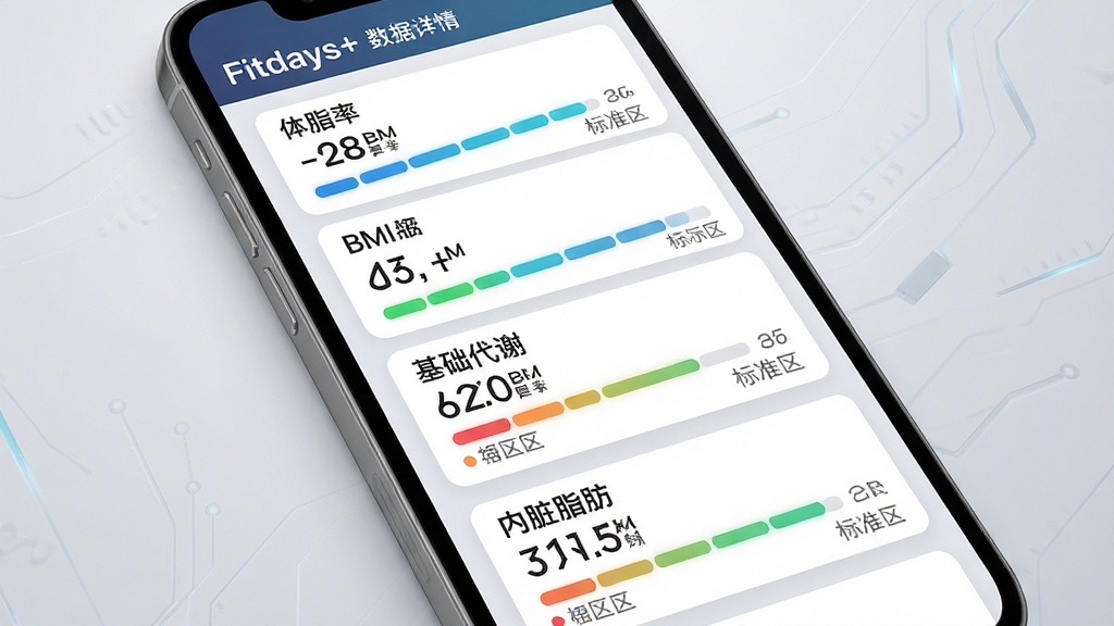 Fitdays+ 应用数据详情页特写,手机屏幕上清晰排列体脂率、BMI、基础代谢、内脏脂肪等多项指标卡片,每项指标配有彩色进度条和标准区间标识,背景为浅灰渐变,主体为手机屏幕内容,布局整齐,风格科技简洁,细节锐利,画质高清,干净,无多余元素