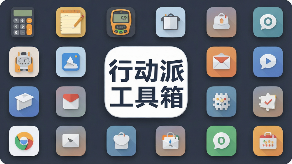 一张展示行动派工具箱软件主界面的图片,画面中央是软件名称行动派工具箱的醒目Logo,周围环绕着各类工具图标如计算器、记事本、测量仪等,布局简洁有序,排版采用网格状排列,风格为现代扁平化设计,细节包括柔和的阴影和圆润的图标边角,画质清晰干净,无多余元素。