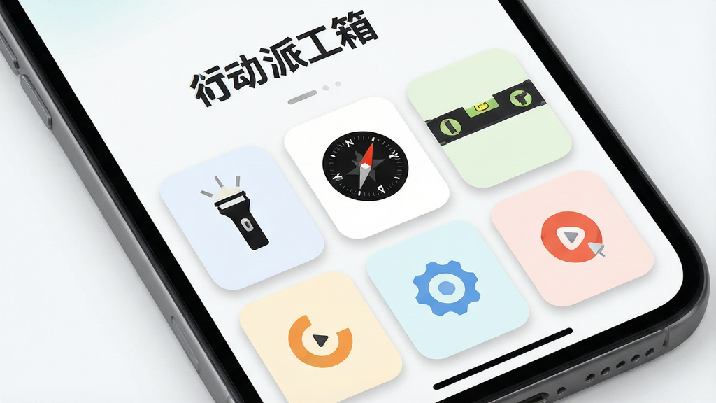 一张展示行动派工具箱功能聚合界面的图片,画面主体是手机屏幕,屏幕上显示着行动派工具箱的文字标识,下方整齐排列着各种工具卡片,如手电筒、指南针、水平仪等,布局采用卡片式流式布局,排版清晰易读,风格为清新浅色系,细节包括卡片圆角和微弱的投影效果,画质高清,画面干净整洁。