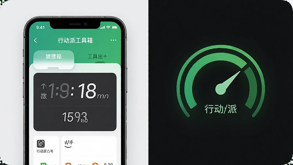 一张展示行动派工具箱运行状态的图片,画面中手机屏幕显示着行动派工具箱的界面,旁边有一个代表低内存占用的绿色仪表盘图标,布局为左右分栏,排版简洁,风格为科技感简约风,细节包括流畅的线条和数字显示,画质清晰,无杂乱背景。
