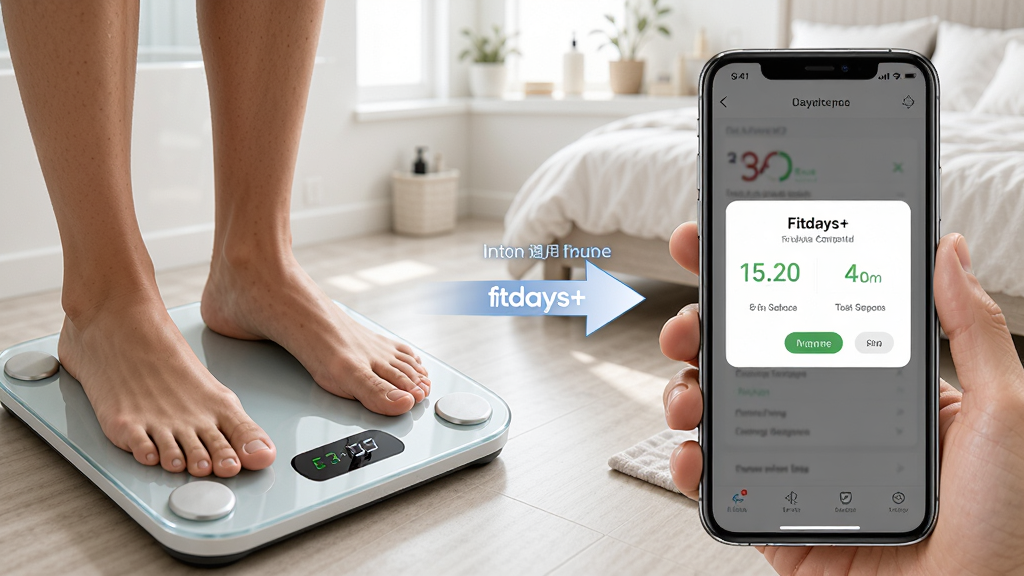 Fitdays+ 使用流程示意,画面左侧是用户赤脚站在智能体脂秤上,右侧是手机屏幕显示测量完成的数据弹窗,中间用箭头连接表示数据同步,背景为明亮的浴室或卧室环境,主体为人物脚部与手机,布局左右呼应,风格生活化,细节真实,画质高清,干净,无多余元素