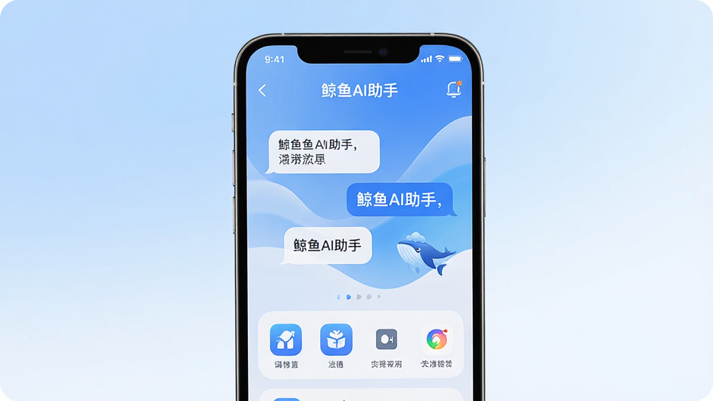 一张展示智能手机屏幕的图片,屏幕中央显示“鲸鱼AI助手”应用界面,界面布局简洁,包含对话气泡和功能图标,背景为柔和的蓝白渐变,风格为现代科技感,细节包括清晰的文字排版和圆角图标,画质高清,干净,无多余元素
