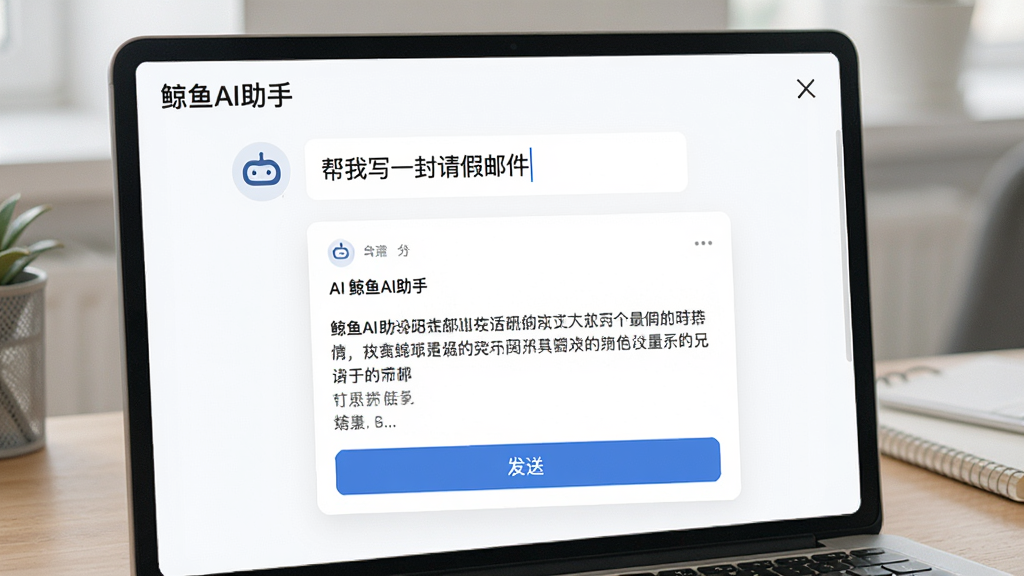 一张展示“鲸鱼AI助手”智能对话界面的图片,画面中用户输入“帮我写一封请假邮件”,下方AI生成了一段完整的邮件文本,界面采用卡片式布局,风格简约现代,细节包含清晰的文字和发送按钮,画质高清,干净,无多余元素