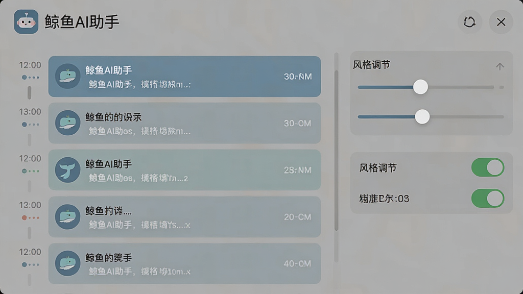 一张展示“鲸鱼AI助手”历史记录与设置页面的图片,左侧为按时间排序的对话列表,右侧为风格调节滑块和开关按钮,界面配色柔和,风格为扁平化设计,细节包含清晰的标签和图标,画质高清,干净,无多余元素