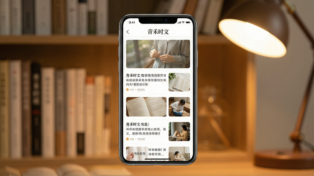 一张展示青禾时文手机应用界面的场景图,画面中央是一部竖屏智能手机,屏幕内显示青禾时文APP的首页文章列表界面,界面顶部有