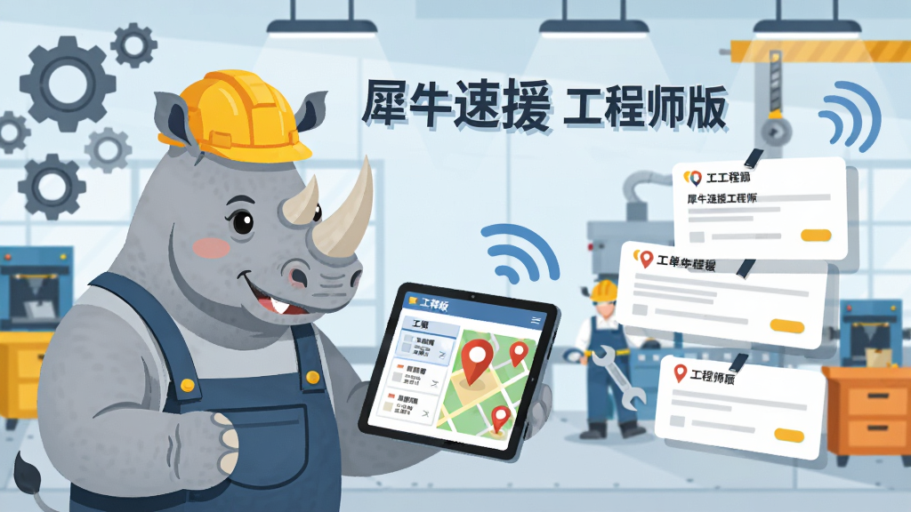 一只犀牛戴着工程师安全帽,手持平板电脑,屏幕上显示工单列表与地图定位标记,背景是繁忙的工厂车间,画面中央有“犀牛速援工程师版”字样,主体在左侧,右侧是工单卡片漂浮,风格扁平化插画,细节包括齿轮、扳手、信号波纹,画质清晰,画面干净,无多余元素