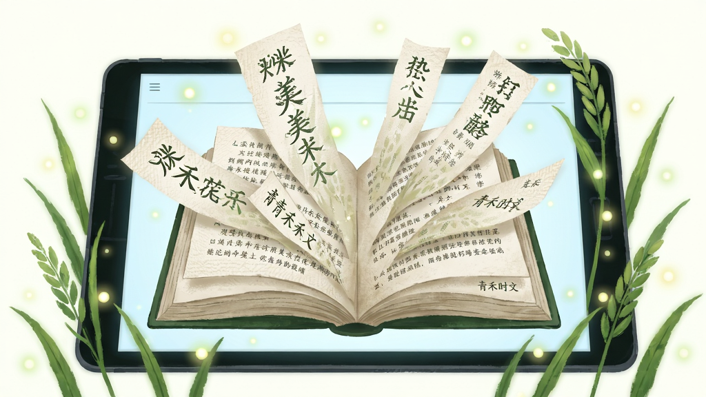 一幅以青禾时文为灵感的插画,画面主体是一本翻开的电子书悬浮在屏幕中央,书页中飘出多篇美文标题与文字碎片,周围环绕着绿色禾苗与柔和光点,布局采用中心放射式构图,风格清新文艺,细节上书页有细腻纹理、光点有柔和光晕,画质高清干净,画面中文字内容清晰可辨,无多余元素