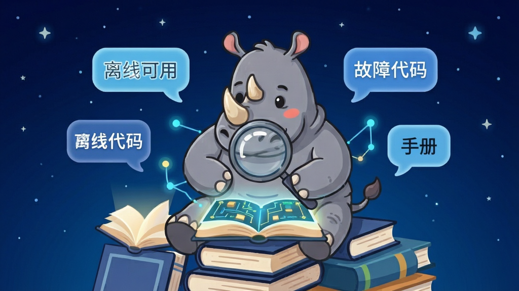 一只犀牛坐在书堆上,用放大镜查看电路图,周围漂浮着“离线可用”“故障代码”“手册”等文字气泡,背景是深蓝色星空,主体居中,布局对称,风格卡通科技,细节包括发光的书页与数据节点,画质高,画面干净,无多余元素