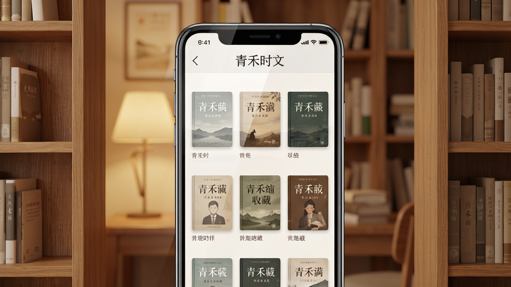 一张展示青禾时文收藏与书架功能的界面图,画面中一部手机屏幕显示书架页面,书架上整齐排列着多本虚拟书籍封面,每本书封面上有美文标题,背景为温馨的书房场景,布局采用手机居中、书架环绕的方式,风格简约温暖,细节上手机屏幕有轻微反光、书架木质纹理清晰,画质高清干净,画面中