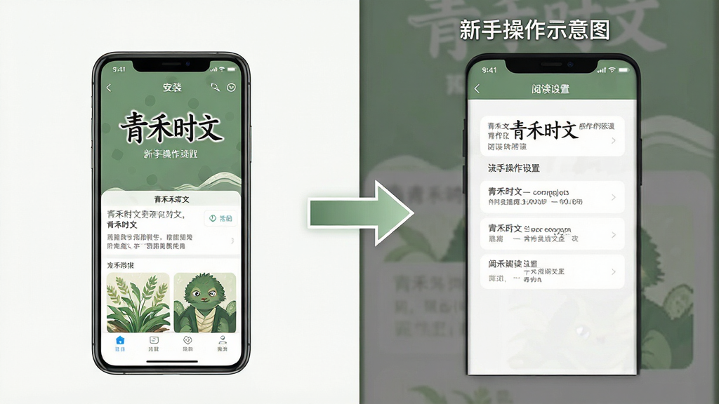 一张青禾时文新手操作示意图,画面左侧展示手机安装界面,右侧展示阅读设置面板,中间用箭头连接,布局采用左右对比式,风格简洁明快,细节上手机界面中