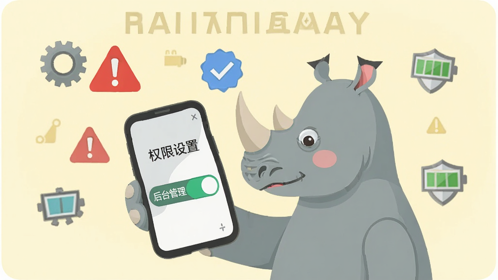 一只犀牛拿着手机,手机屏幕上显示“权限设置”与“后台管理”开关,周围有红色警示标志和蓝色对勾图标,背景是淡黄色提示框,主体在画面中央,布局上下结构,风格扁平化信息图,细节包括齿轮、盾牌、电池图标,画质清晰,画面干净,无多余元素