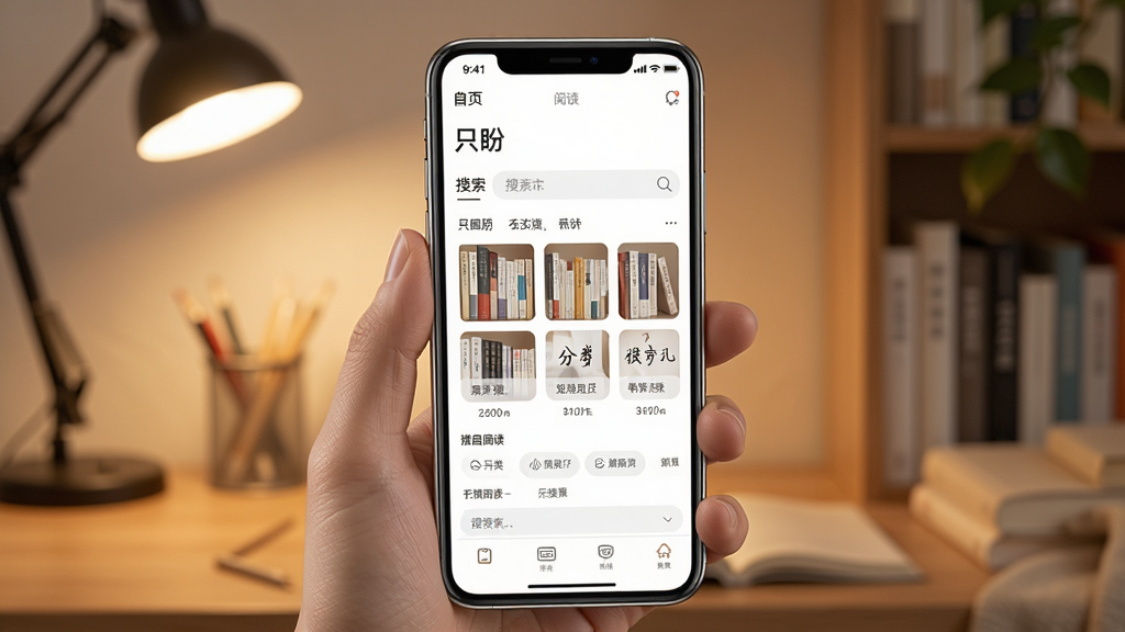 一张展示手机小说阅读界面的图片,画面中央是一部手持智能手机,屏幕上显示着“只盼”小说阅读器的主页,有书架、分类、搜索栏等布局,背景是柔和的暖色调书房环境,风格简洁现代,细节包括手机边缘的光泽和屏幕上的文字清晰可见,画质高清,干净,无多余元素