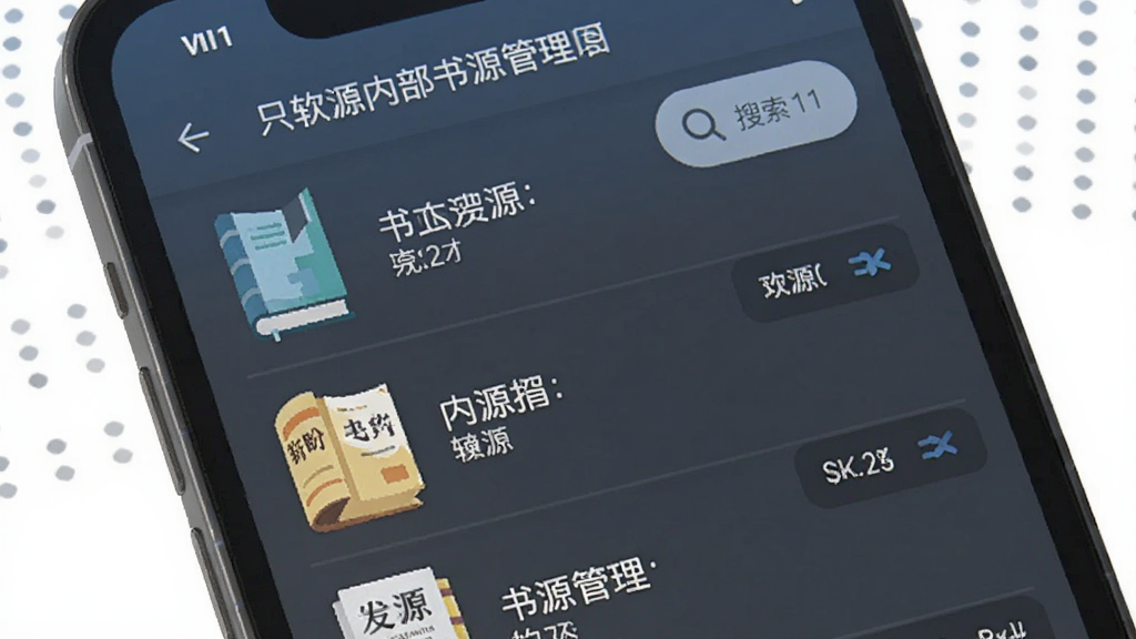一张展示只盼软件内部书源管理界面的图片,画面主体是手机屏幕特写,屏幕上显示多个书源列表和搜索按钮,布局为上下结构,风格为扁平化设计,细节包括书源图标和文字标签,画质清晰,干净,无多余元素