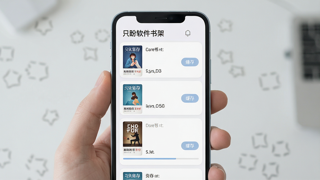 一张展示只盼软件书架和离线缓存功能的图片,画面为手机屏幕正视图,屏幕上显示整齐的书架列表和下载进度条,布局为网格状,风格为清爽浅色,细节包括书籍封面缩略图和缓存按钮,画质高清,干净,无多余元素