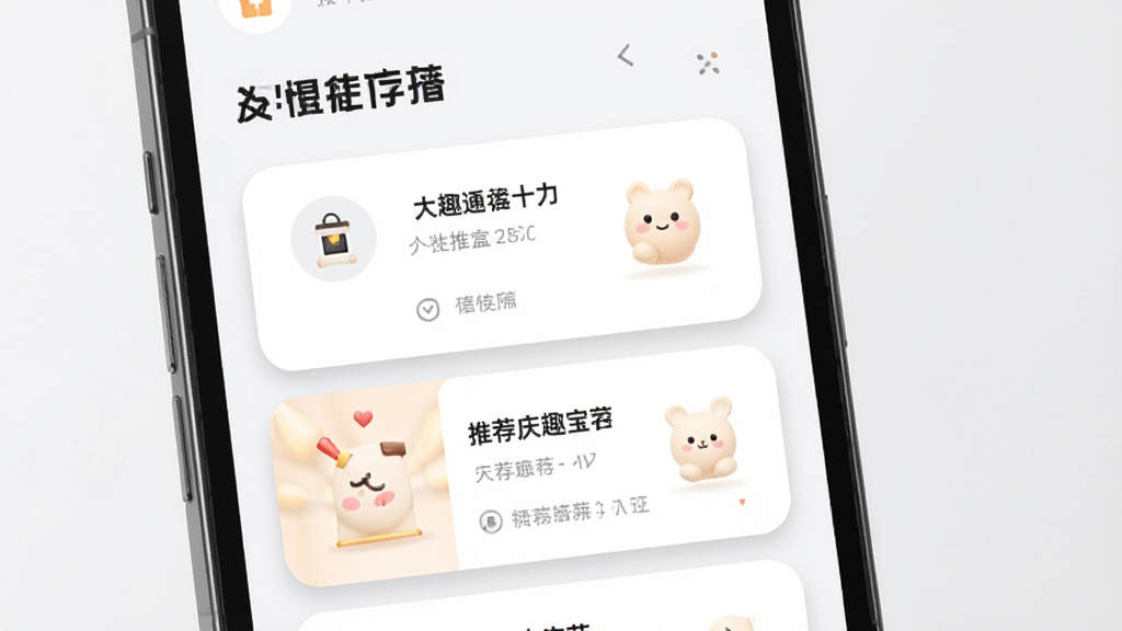 庆趣宝盒个性化推荐界面图,画面展示手机屏幕内多个推荐卡片纵向排列,屏幕上方有“为你推荐”字样,布局为上下结构,风格现代简约,细节包含卡片的圆角设计与轻微投影,画质高清,干净无多余元素