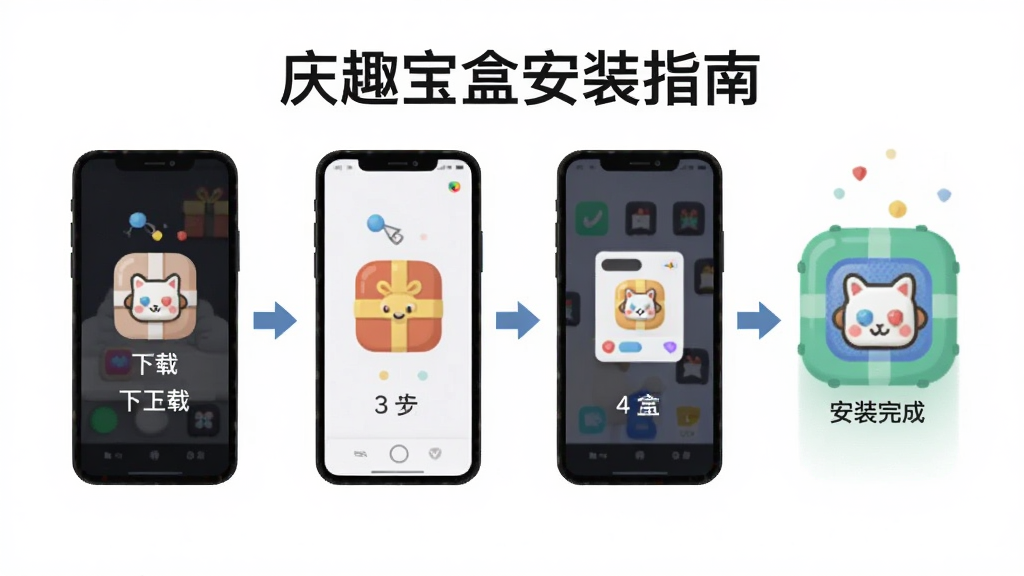 庆趣宝盒安装步骤示意图,画面展示手机屏幕从下载到安装完成的四个步骤,布局为横向排列,风格扁平化教程图,细节包含每个步骤的图标与箭头指引,画质清晰,干净无多余元素,图片中带有文字“庆趣宝盒安装指南”