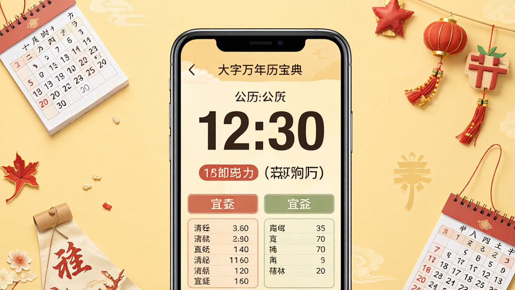 一张展示大字万年历宝典软件主界面的图片,画面中央是手机屏幕,屏幕内显示大号字体的公历日期、农历日期和宜忌信息,背景是温暖的浅黄色调,周围散落着传统日历和节气元素,整体风格简洁清晰,画质干净,无多余元素,适合作为软件下载站预览图