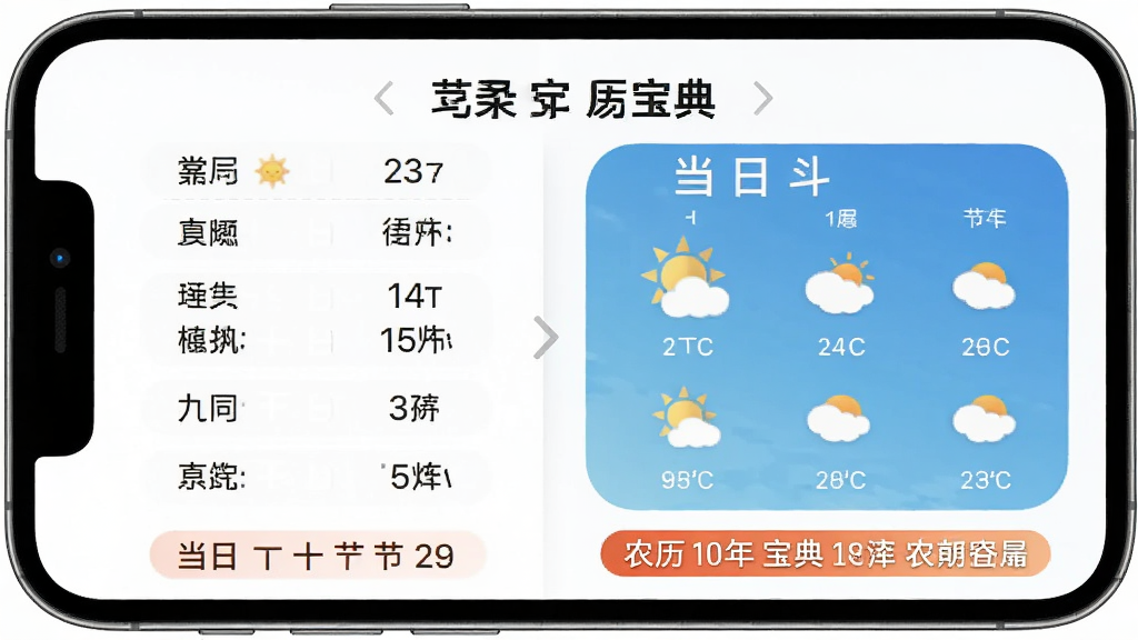 一张展示大字万年历宝典节气与天气功能的图片,手机屏幕中显示二十四节气列表和当日天气图标,画面底部有农历日期标注,整体布局清晰,风格简洁明快,画质干净,无多余元素