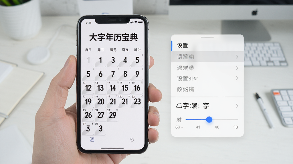 一张展示大字万年历宝典在手机上运行的图片,画面中手机显示大字体日历界面,旁边有设置菜单和字体调节滑块,背景是简洁的桌面环境,风格实用清晰,画质干净,无多余元素