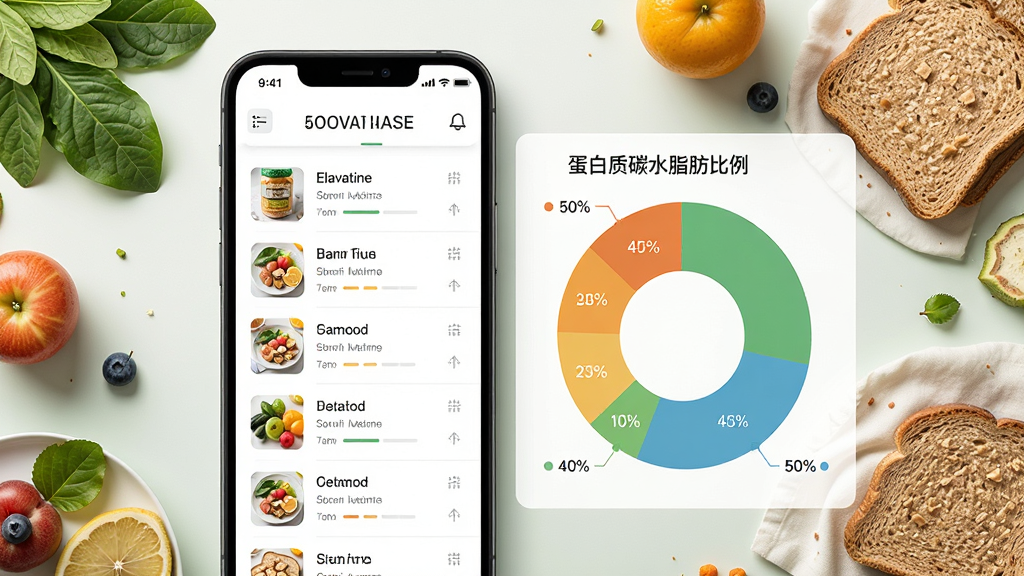 一幅展示Elavatine营养管理功能的AI生图,画面主体为手机屏幕上的食物数据库界面与营养分析图表,布局采用左右分栏,左侧为食物列表,右侧为蛋白质碳水脂肪比例饼图,风格清新健康,细节包含绿叶、水果、全麦面包等元素点缀,画质高清,干净无杂乱