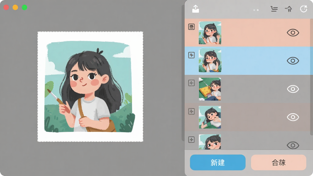 画面展示我的画画世界软件的图层管理界面,屏幕左侧是画布缩略图,右侧是图层列表,每个图层显示缩略图和可见性图标,底部有新建图层和合并图层按钮,整体风格简洁明快,色彩柔和,布局合理,画质高清,干净无多余元素