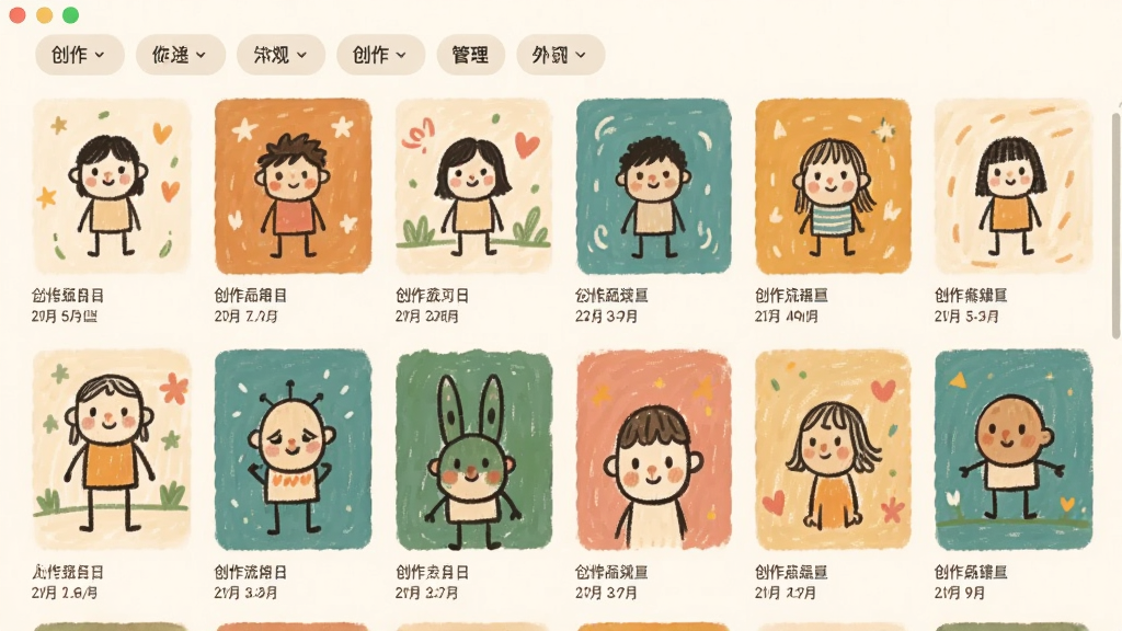 画面展示我的画画世界软件的作品集管理页面,屏幕上以网格形式排列着多幅用户绘制的简笔画作品缩略图,每幅作品下方标注创作日期,顶部有分类筛选标签,整体风格温馨柔和,色彩丰富,布局整齐,画质清晰,干净无多余元素