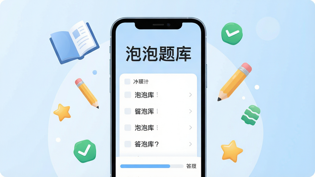 一张展示移动端学习软件界面的竖版插图,画面中央是一部智能手机,手机屏幕上显示着“泡泡题库”四个大字以及题目选项列表和答题进度条,手机周围漂浮着书本、铅笔、对勾符号和星星图标,背景为柔和的浅蓝色渐变,整体风格简洁明快,排版居中,画质清晰干净,无多余元素