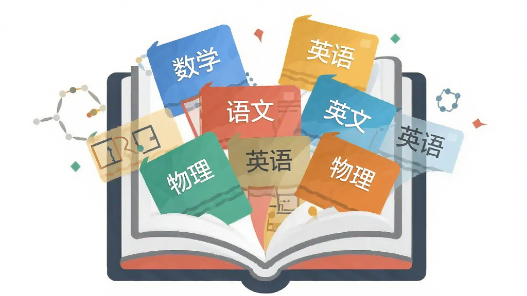 一个打开的书本形状的图标,书本中飞出许多带有文字标签的卡片,卡片上写着“数学”“语文”“英语”“物理”等科目名称,背景为白色,风格扁平化,排版整齐,画质干净清晰,无多余装饰