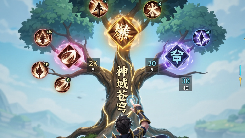 画面展示一棵发光的技能树,树干为“神域苍穹”四个字,树枝分叉为三种颜色的光团,分别代表防御、爆发、召唤,底部有一名角色正在点击光团,布局为竖版界面截图风格,细节包含技能图标与等级数字,画质为2K超清,干净无多余元素