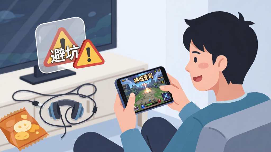 画面为一名新手玩家坐在沙发上手持手机,手机屏幕显示“神域苍穹”游戏界面,旁边有虚拟的“避坑”图标与警告标志,布局为生活场景与游戏界面结合,风格为扁平化插画,细节包含充电线、耳机与零食,画质为2K高清,干净无多余元素