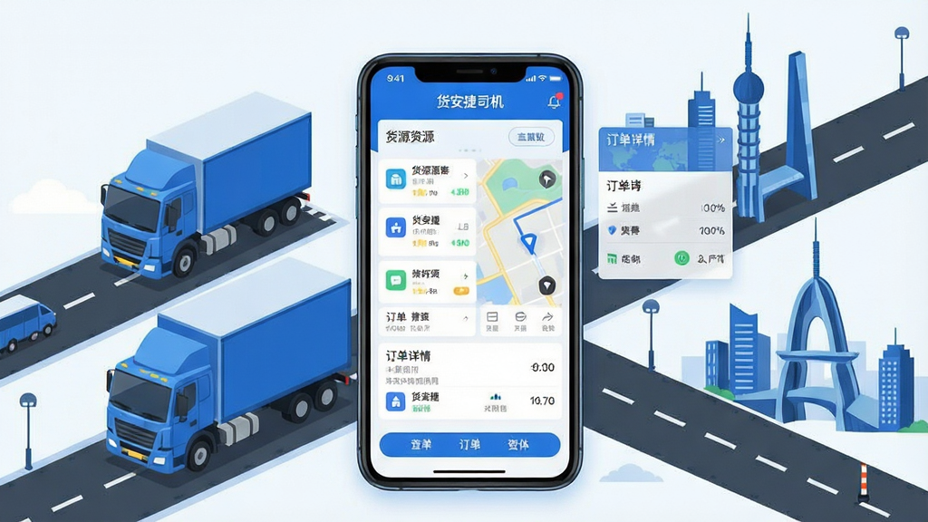 一张展示货安捷司机软件核心功能的整体宣传图,画面中央是一部智能手机,屏幕上清晰显示货安捷司机APP的主界面,包含货源列表、地图导航、订单详情等模块,手机周围环绕着货车、公路、城市地标等元素,布局采用居中构图,风格为现代科技感扁平插画,细节包括蓝色主色调、简洁图标、数据面板,画质高清,干净,无多余元素