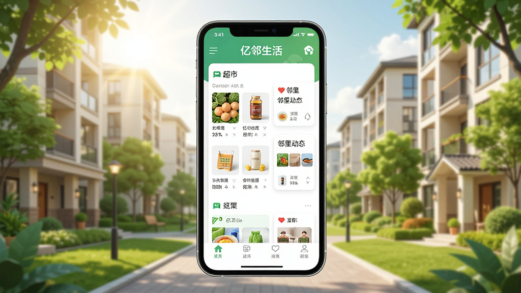 手机屏幕中显示一个温馨的社区场景,画面中央是“亿邻生活”应用界面,界面包含超市商品列表和邻里动态卡片,背景是现代化的居民小区,阳光明媚,绿树成荫,整体风格清新明亮,扁平化设计,细节丰富,画质清晰,干净无多余元素