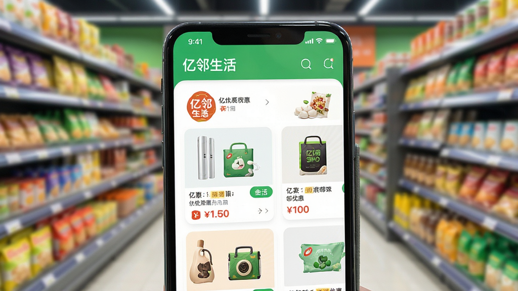 手机应用界面特写,屏幕中展示“亿邻生活”的周边优惠列表,各种商品图片和价格标签整齐排列,背景是虚化的超市货架,色彩鲜艳,风格现代简洁,画质细腻,干净无多余元素