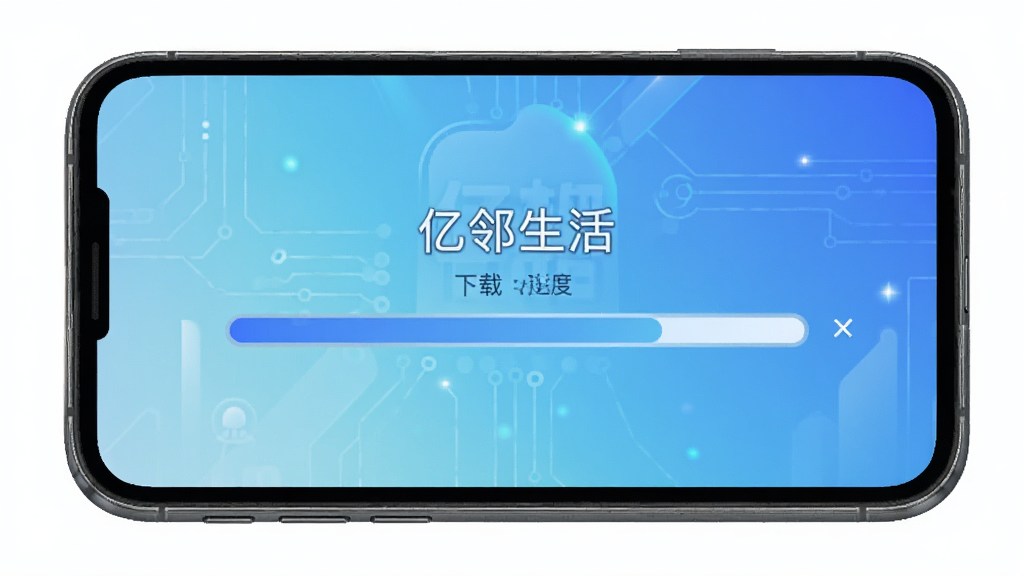 手机屏幕显示“亿邻生活”下载安装进度条,界面简洁,背景是纯色渐变,风格科技感,画质清晰,干净无多余元素