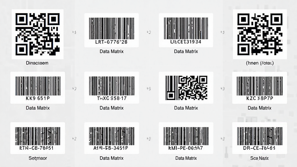 快扫码二维码多码制兼容示意图,画面中排列展示多种不同类型的二维码和条形码样本,包括方形QR码、条形码、Data Matrix码等,每个码旁边标注对应类型名称,布局为整齐的网格排列,风格为信息图表式扁平设计,细节包括每种码的清晰纹理和下方小字标签,画质高清,画面干净整洁