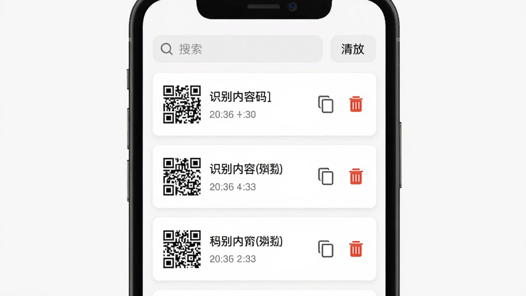 快扫码二维码历史记录界面展示图,画面展示手机屏幕上的扫码历史列表,每条记录包含二维码缩略图、识别内容和时间戳,顶部有搜索框和清空按钮,布局为垂直列表形式,风格为简洁卡片式UI,细节包括每条记录右侧的复制图标和删除按钮,画质清晰,无多余装饰元素