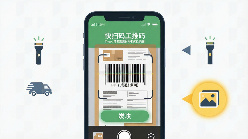 快扫码二维码手机端操作技巧示意图,画面展示一部手机正在扫描快递单上的条形码,手机屏幕显示识别成功界面,旁边有手电筒图标和相册图标被高亮标注,布局为手机居中、图标分列两侧,风格为教程类扁平插画,细节包括快递单上的条形码纹理和手机屏幕的清晰文字,画质高清,干净无杂乱背景